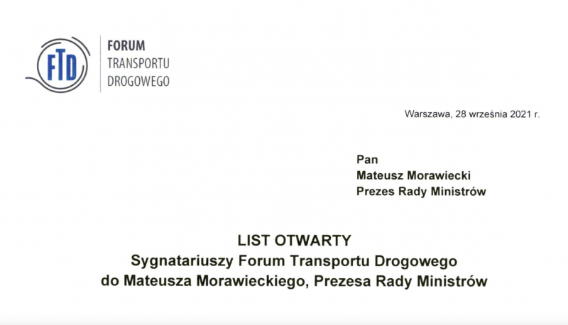 List otwarty sygnatariuszy FTD do Prezesa Rady Ministrów Mateusza Morawieckiego w sprawie nowego systemu opłat drogowych e-TOLL.