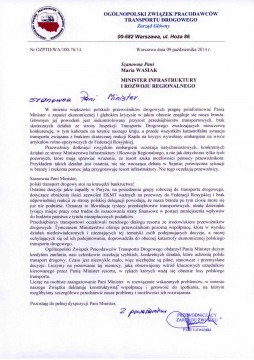 Pismo OZPTD - Pana Piotra Litwińskiego do Pani Minister Infrastruktury i Rozwoju